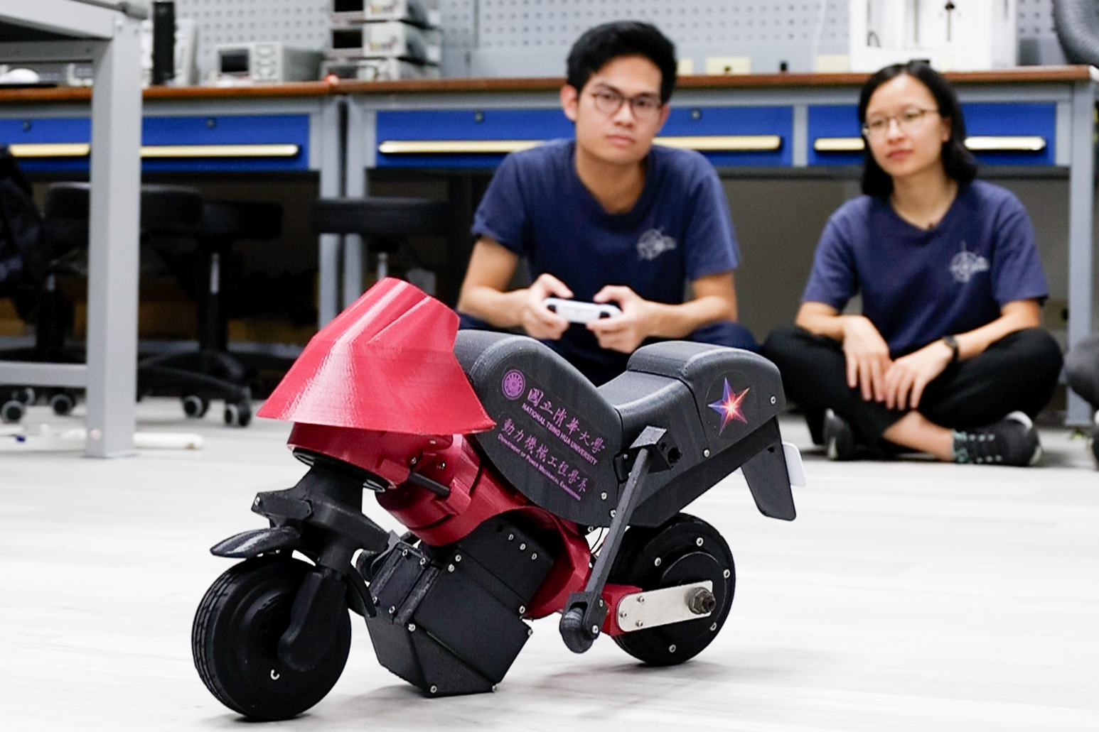 The self-balancing motorcycle prototype developed by NTHU students maintains stationary balance without assistance.